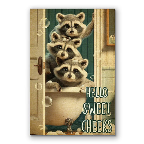 Three Raccoons Hello Sweet Cheeks Canvas – Funny Bathroom Wall Art