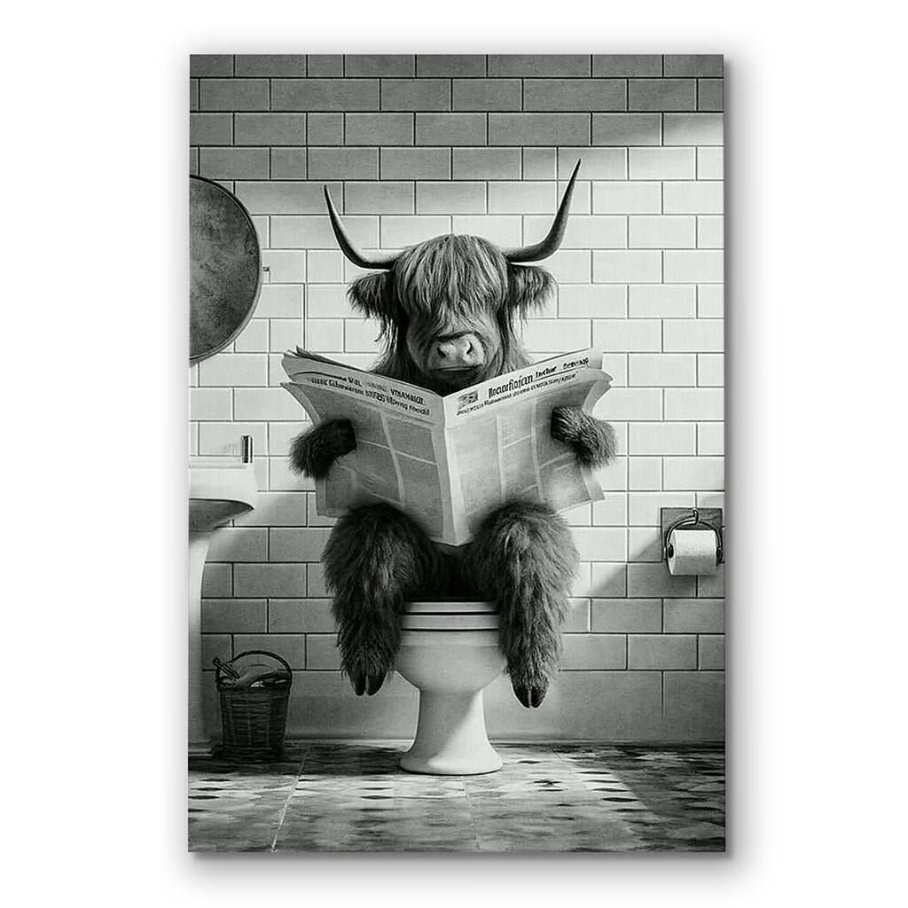 Highland Cow Reading Newspaper Canvas – Funny Bathroom Wall Art