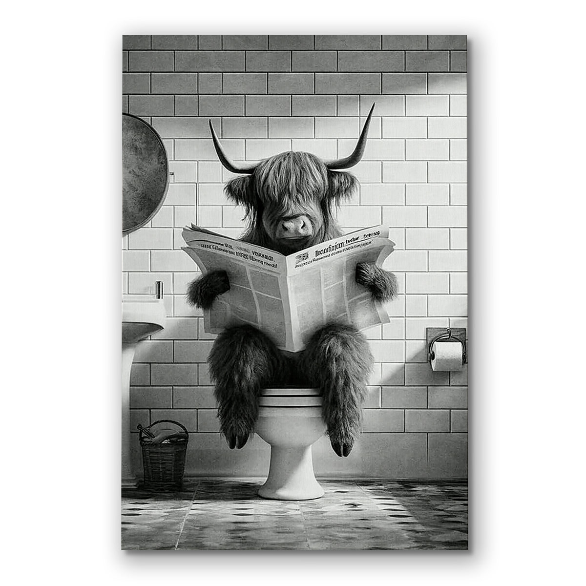 Highland Cow Reading Newspaper Canvas – Funny Bathroom Wall Art