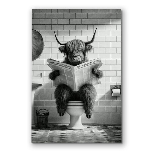 Highland Cow Reading Newspaper Canvas – Funny Bathroom Wall Art