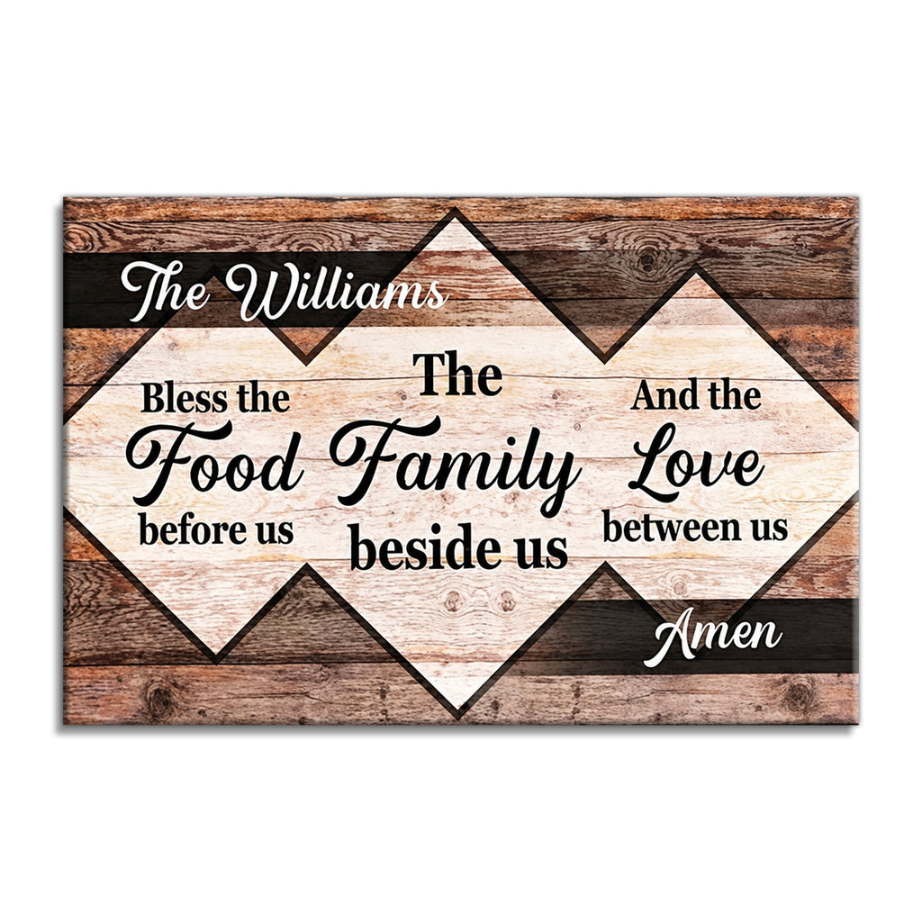 Personalized Bless The Food Family Name Canvas – Rustic Dining Wall