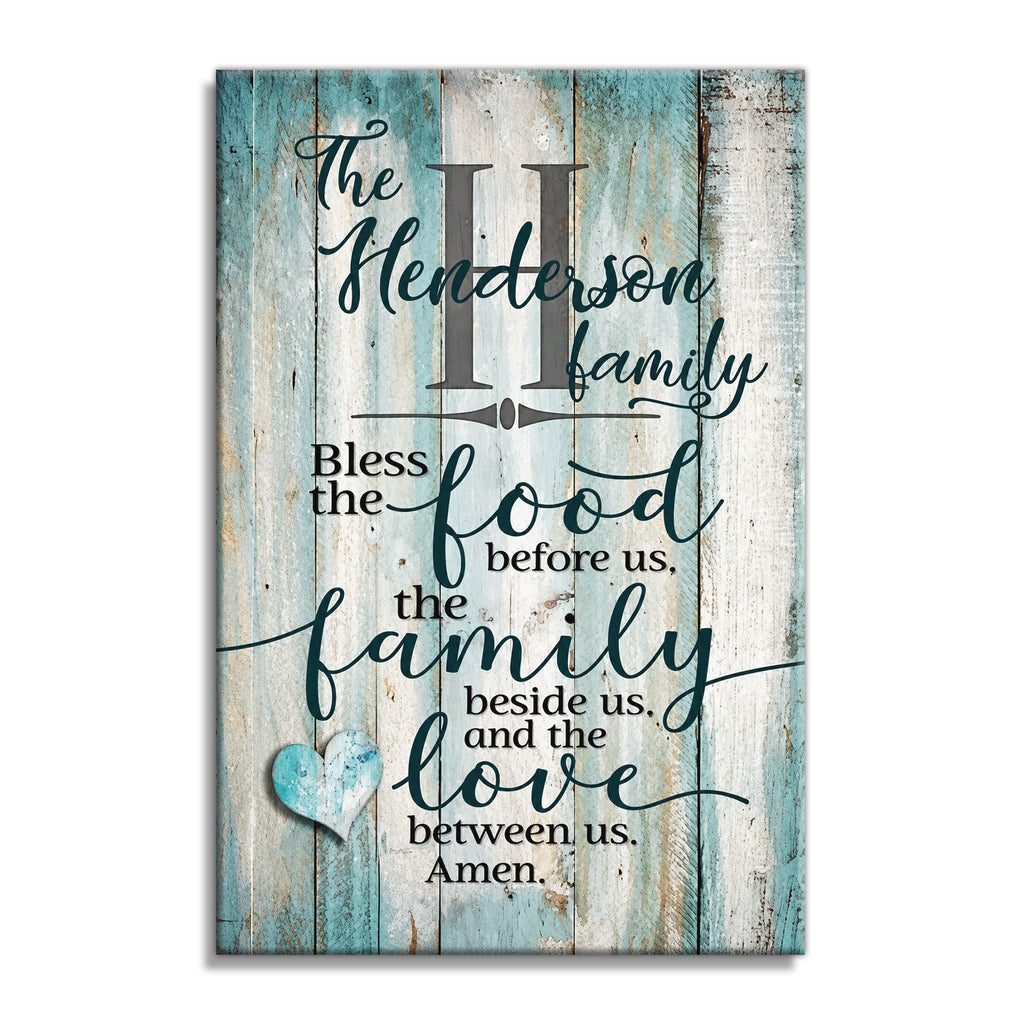 Personalized Bless The Food Canvas – Custom Family Name Coastal Wall