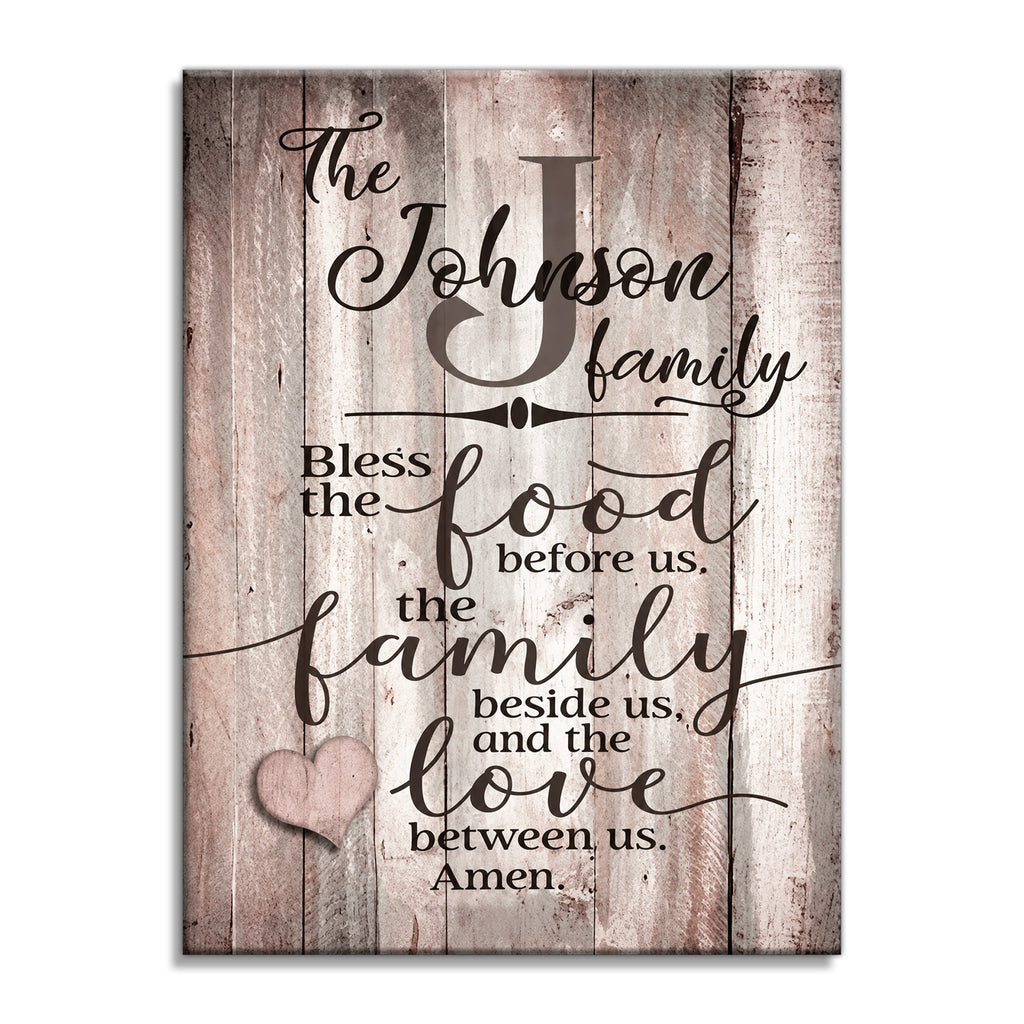 Personalized Bless The Food Wood Tone Canvas – Custom Family Name Art