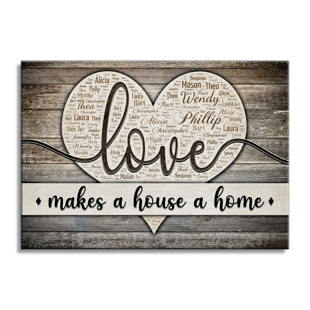 Personalized Love Makes A House A Home Canvas – Grey Wood Heart Names