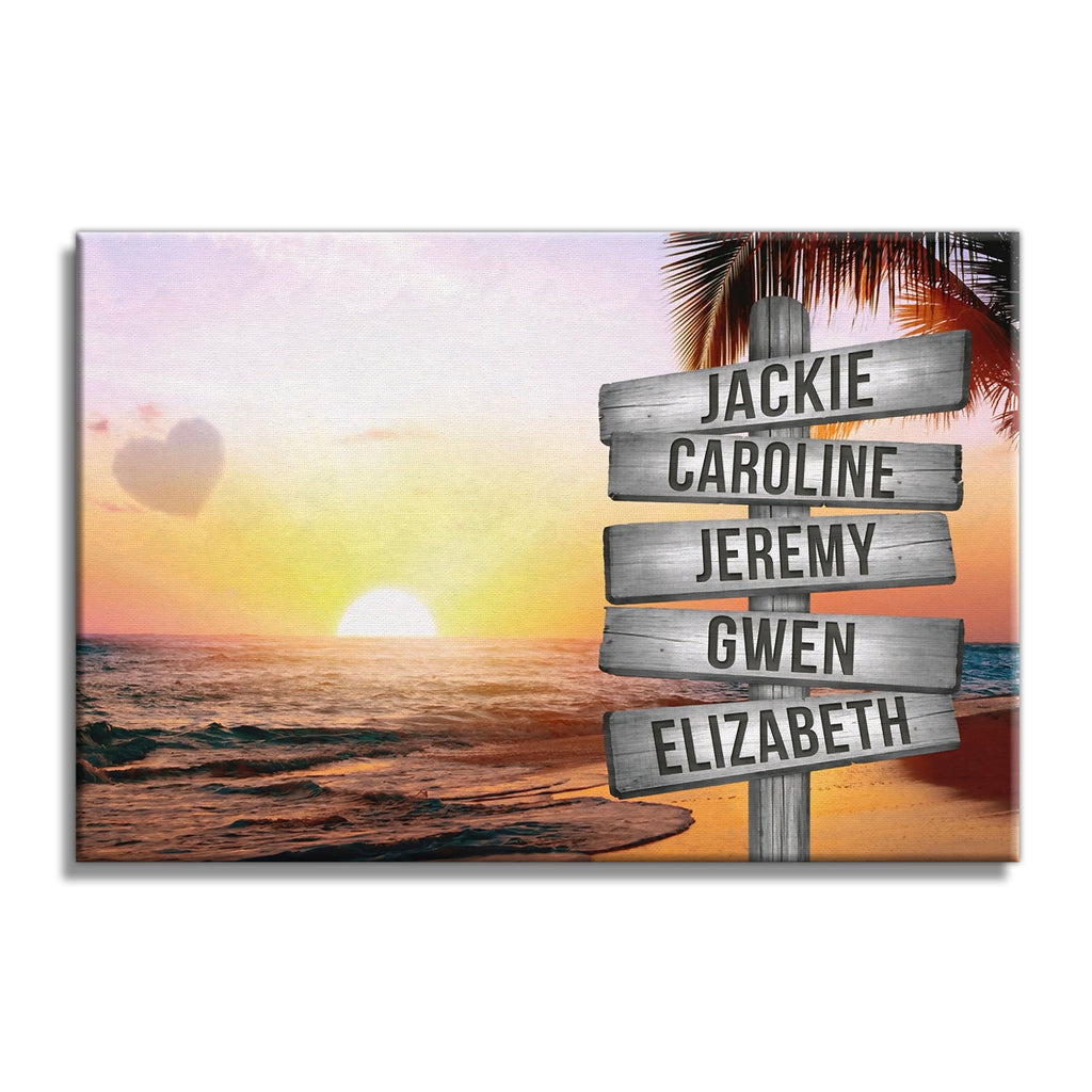 Personalized Beach Signpost Sunset Canvas – Custom Family Names Wall
