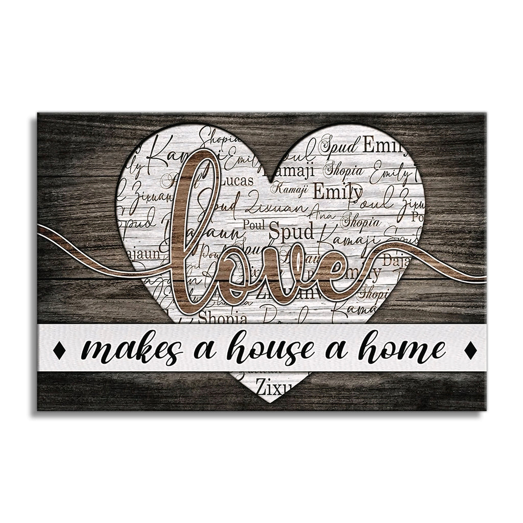 Personalized Love Makes A House A Home Canvas – Dark Wood Heart Names