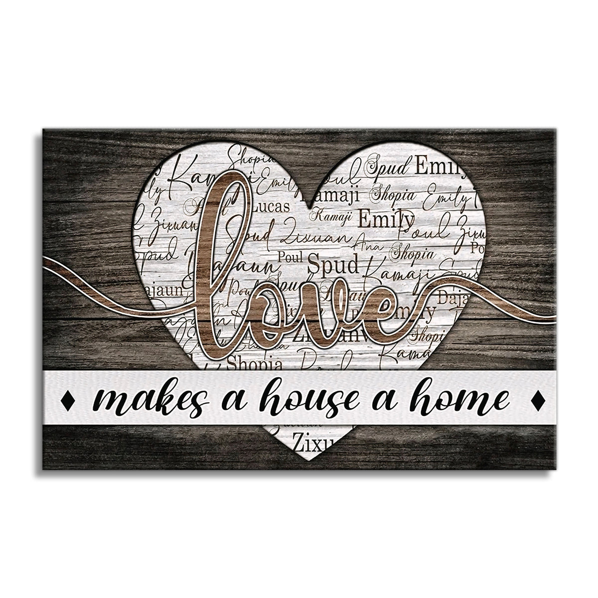 Personalized Love Makes A House A Home Canvas – Dark Wood Heart Names