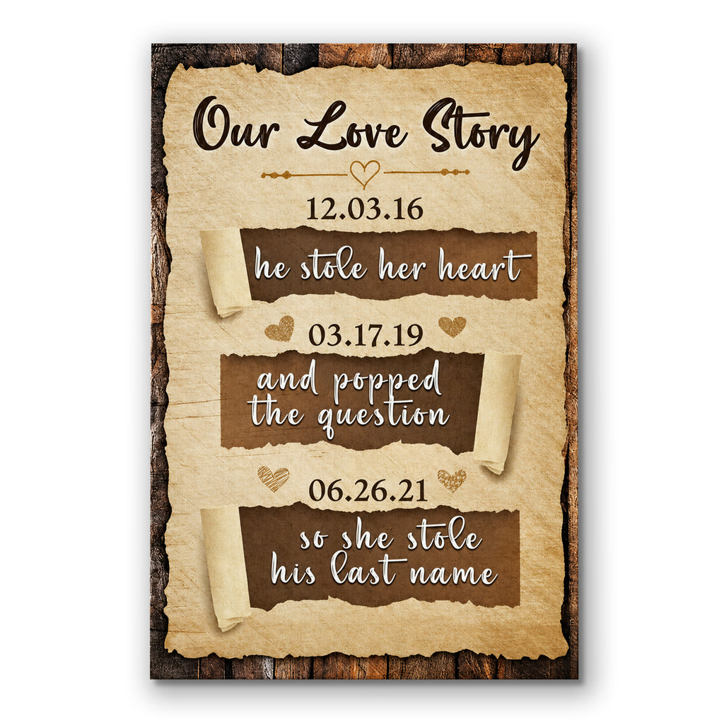 Personalized Our Love Story He Stole Her Heart Canvas – Custom Dates