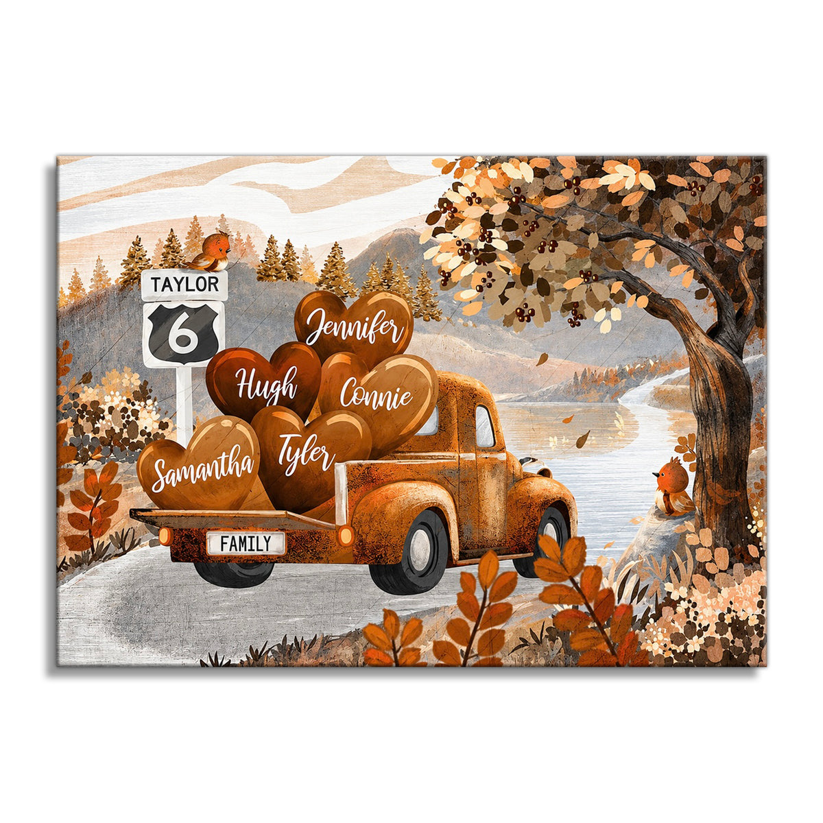 Personalized Pickup Truck Hearts Canvas – Custom Names Autumn Wall Art