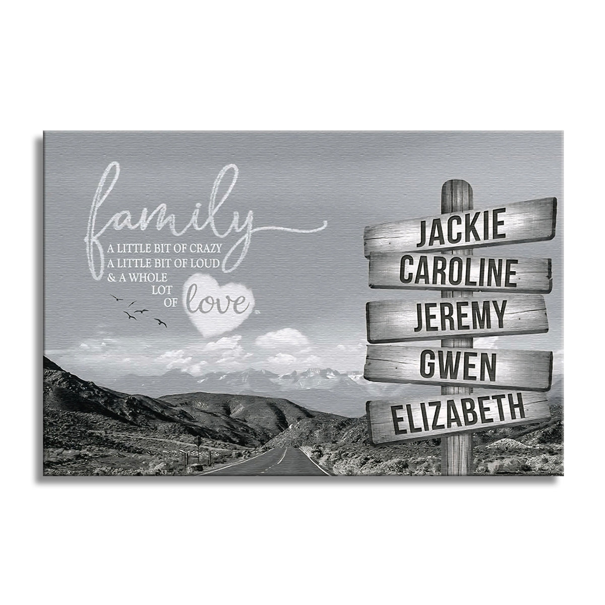 Personalized Family Road Sign Canvas – Custom Names Black And White