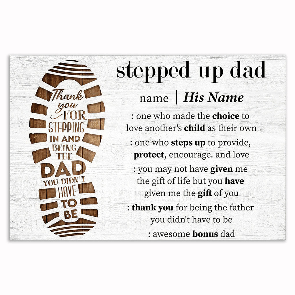 Personalized Stepped Up Dad White Canvas – Custom Name Bonus Dad Gift