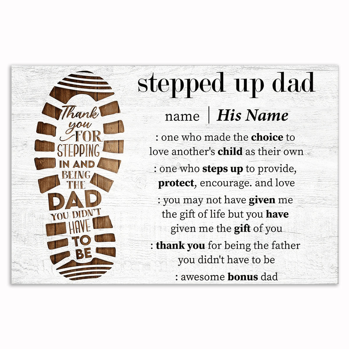 Personalized Stepped Up Dad White Canvas – Custom Name Bonus Dad Gift