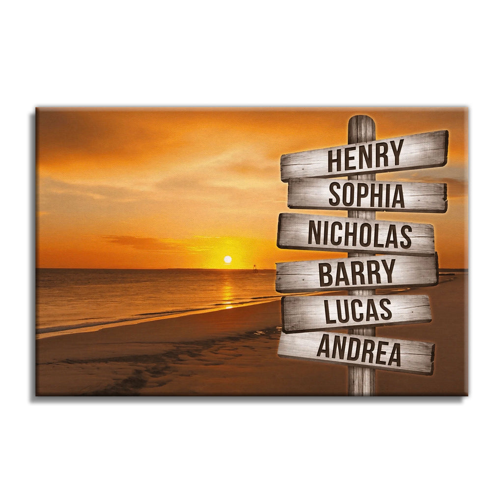 Personalized Sunset Beach Names Signpost Canvas – Custom Family Names