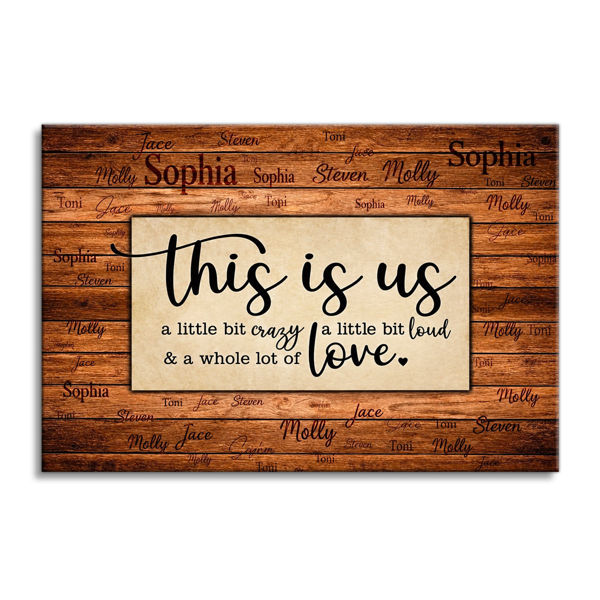 Personalized This Is Us Canvas – Custom Names Warm Wood Family Wall