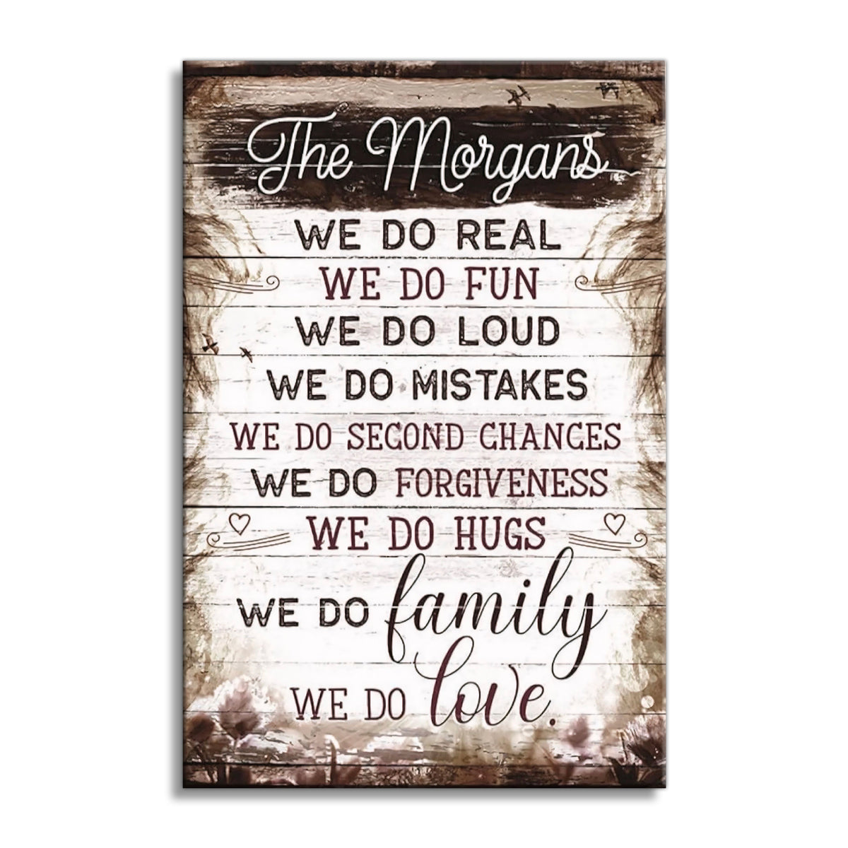 Personalized We Do Family Creed Canvas – Custom Surname Warm Wood Wall