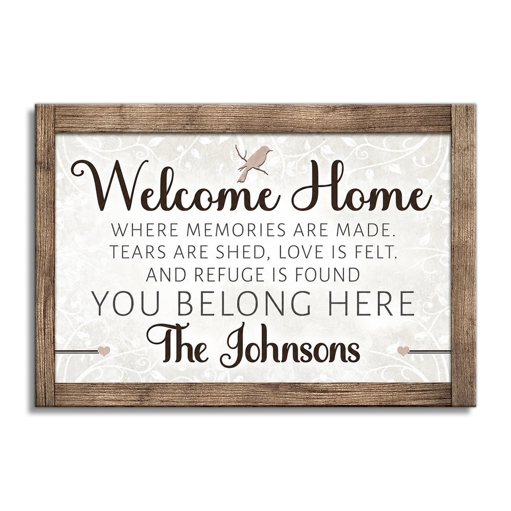 Personalized Welcome Home Canvas – Custom Family Name White Framed