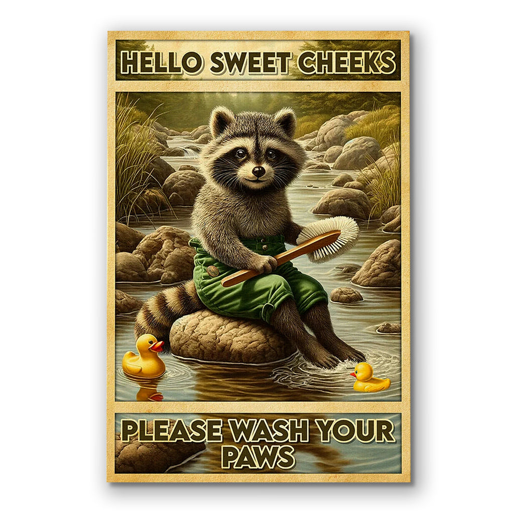 Hello Sweet Cheeks Raccoon Canvas – Funny Bathroom Wall Art