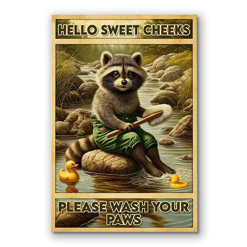 Hello Sweet Cheeks Raccoon Canvas – Funny Bathroom Wall Art