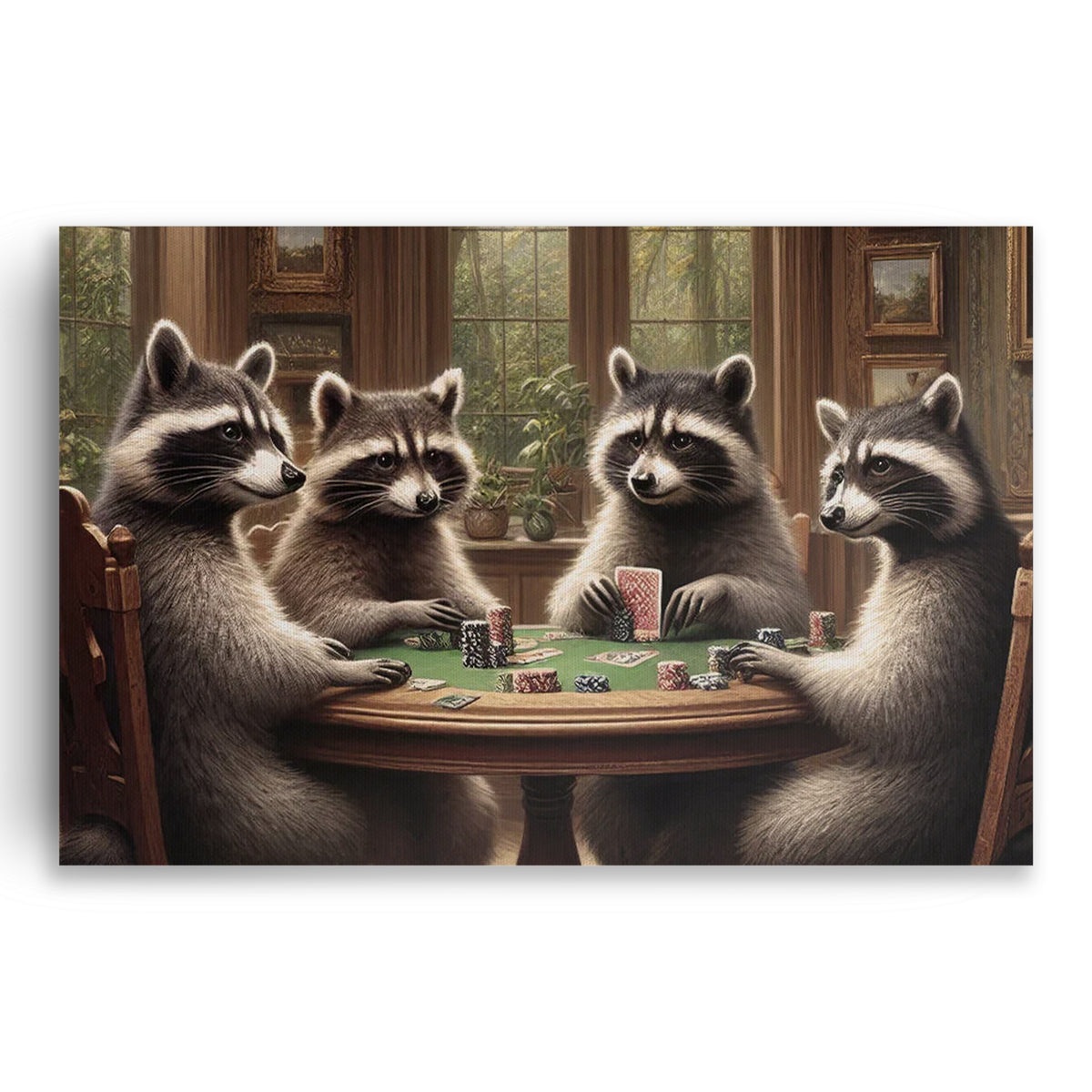 Raccoons Playing Poker Canvas – Funny Games Room Wall Art