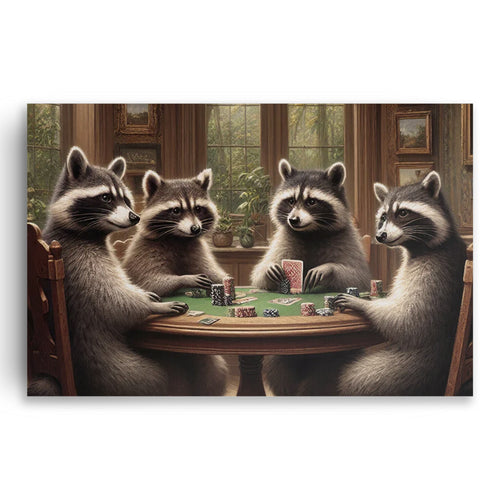 Raccoons Playing Poker Canvas – Funny Games Room Wall Art