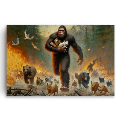 Sasquatch Saves The Forest Animals Canvas – Funny Wildlife Wall Art