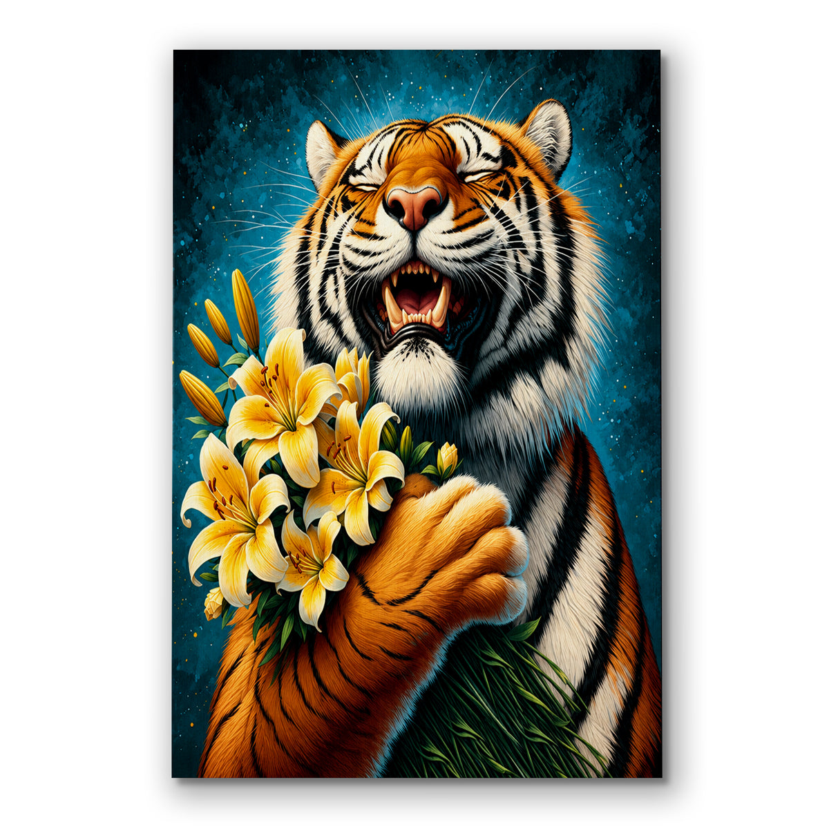 Smiling Tiger With Sunflowers Canvas – Cheerful Animal Wall Art