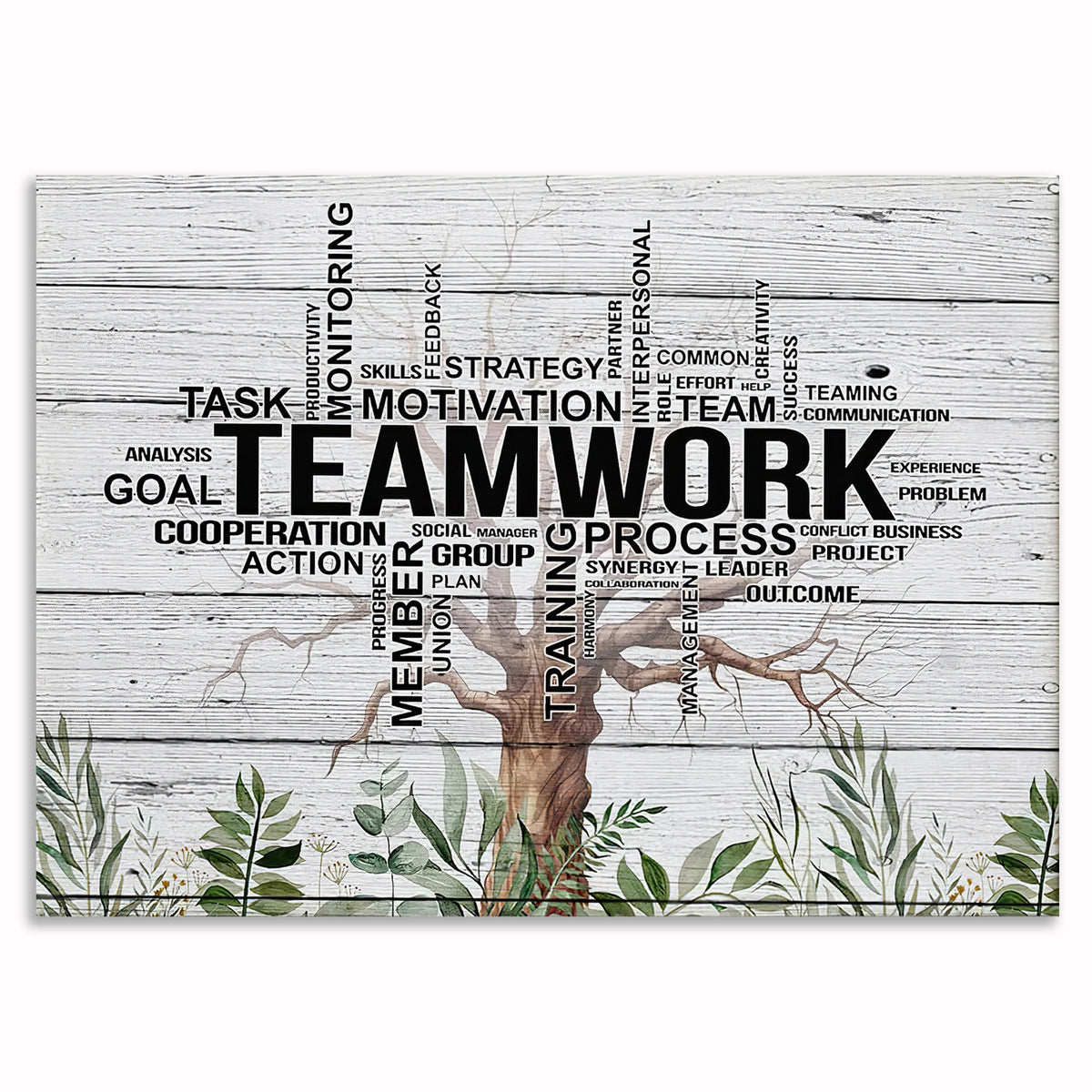 Teamwork Tree Canvas – White Rustic Motivational Office Wall Art