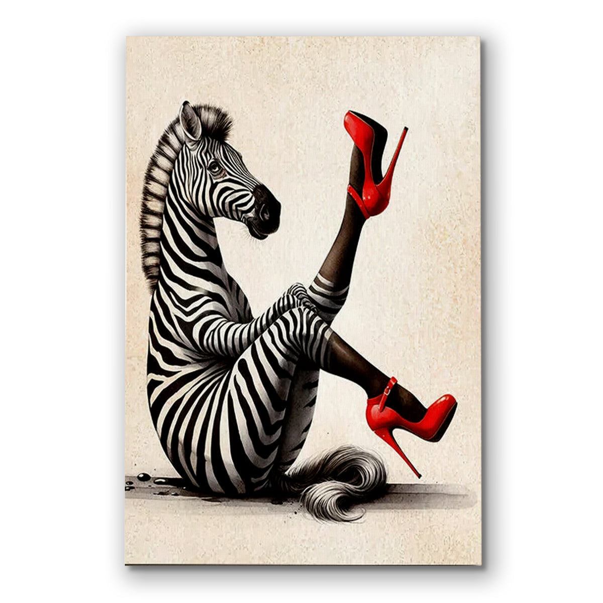 Zebra In Red Heels Canvas – Funny Glamorous Animal Wall Art