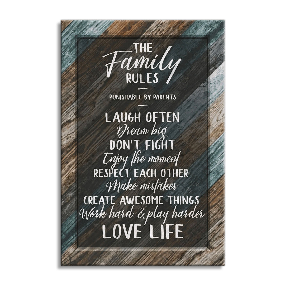 The Family Rules Canvas Wall Art – Teal Rustic House Rules Decor