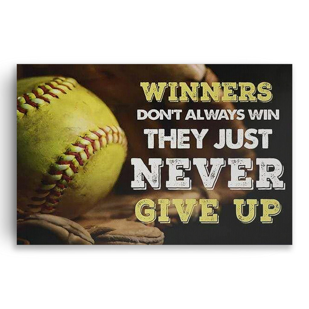 Winners Never Give Up Softball Canvas – Motivational Sports Wall Art