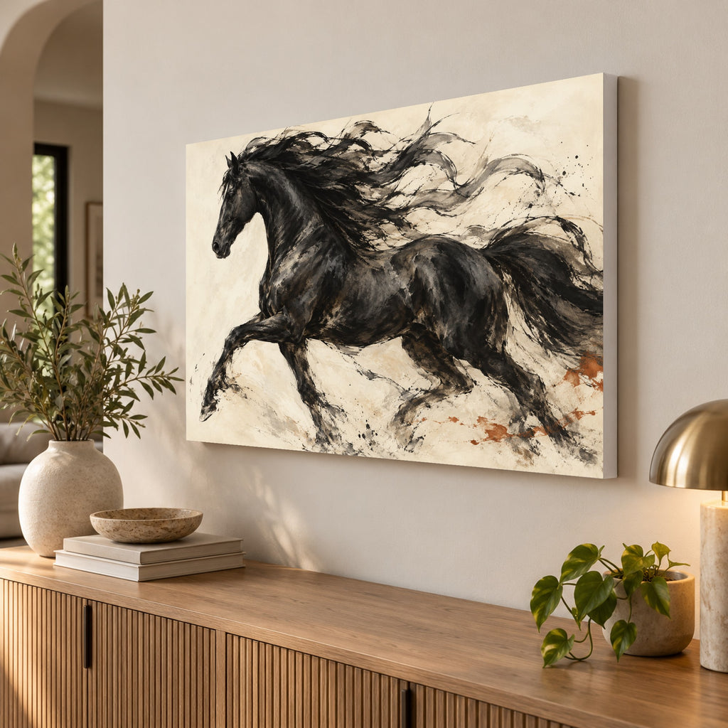 Midnight Motion - Black Horse Wall Art, Canvas or Poster - 02-angle