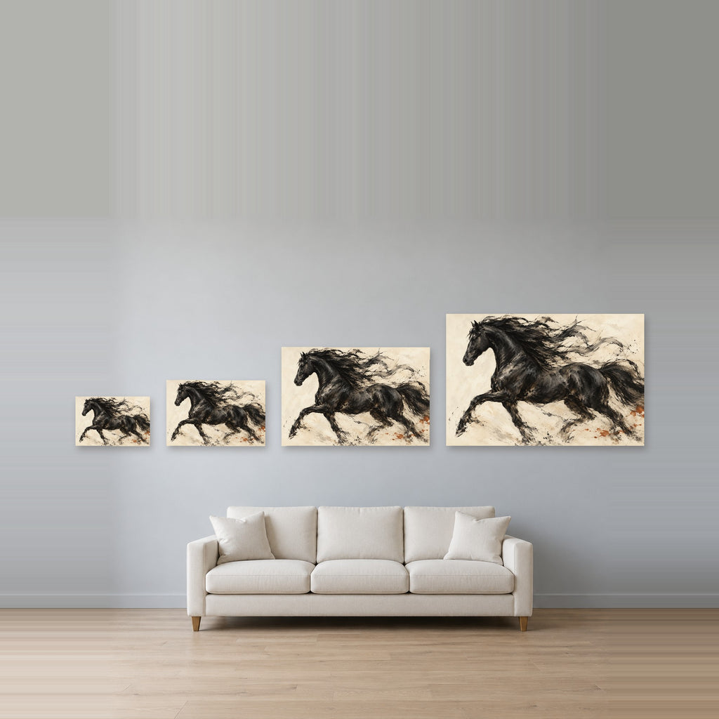 Midnight Motion - Black Horse Wall Art, Canvas or Poster - 08-size-guide