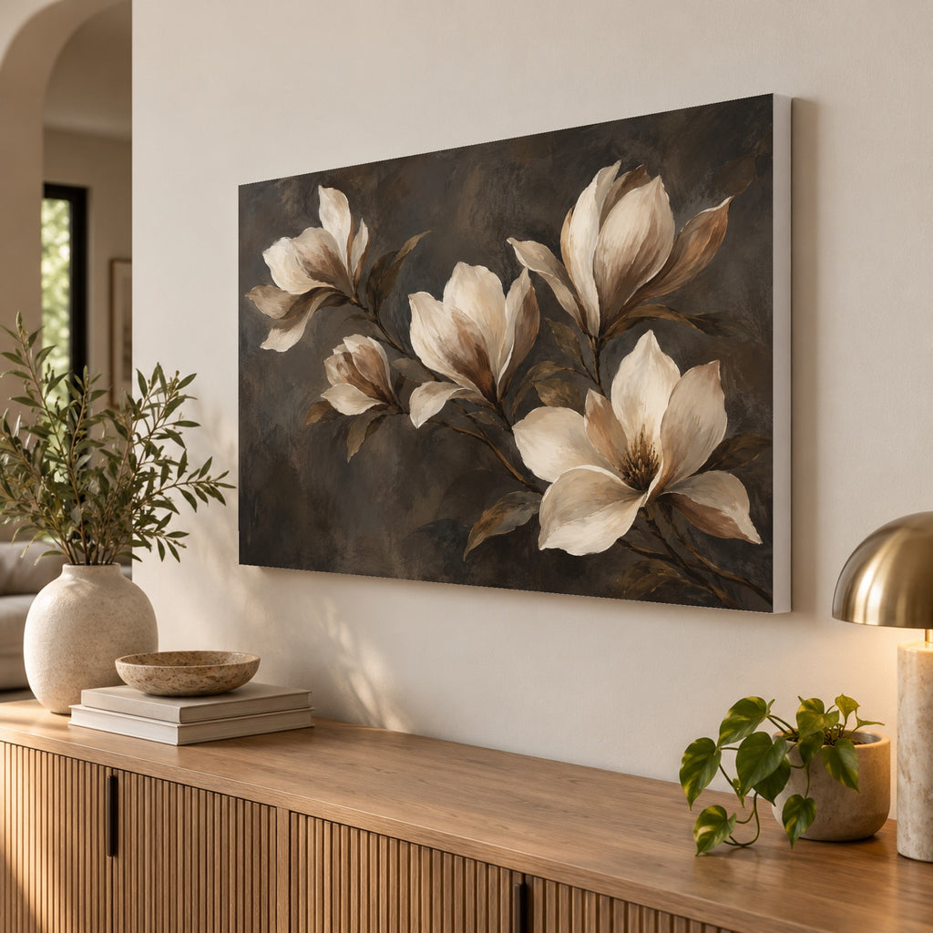 Burnished Botanica - Neutral Magnolia Wall Art, Canvas or Poster - 02-angle
