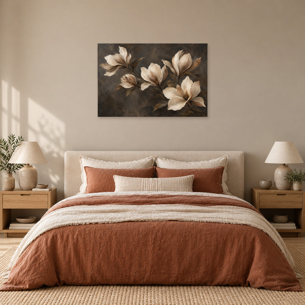 Burnished Botanica - Neutral Magnolia Wall Art, Canvas or Poster - 05-bedroom