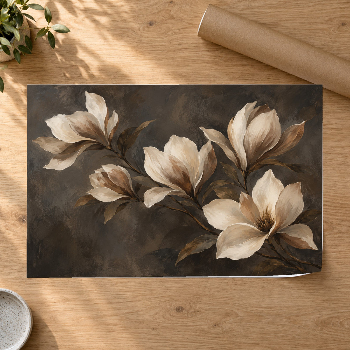 Burnished Botanica - Neutral Magnolia Wall Art, Canvas or Poster - 07-poster