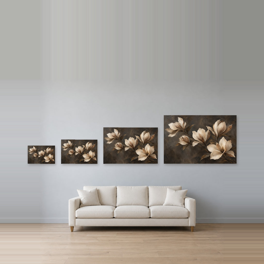 Burnished Botanica - Neutral Magnolia Wall Art, Canvas or Poster - 08-size-guide