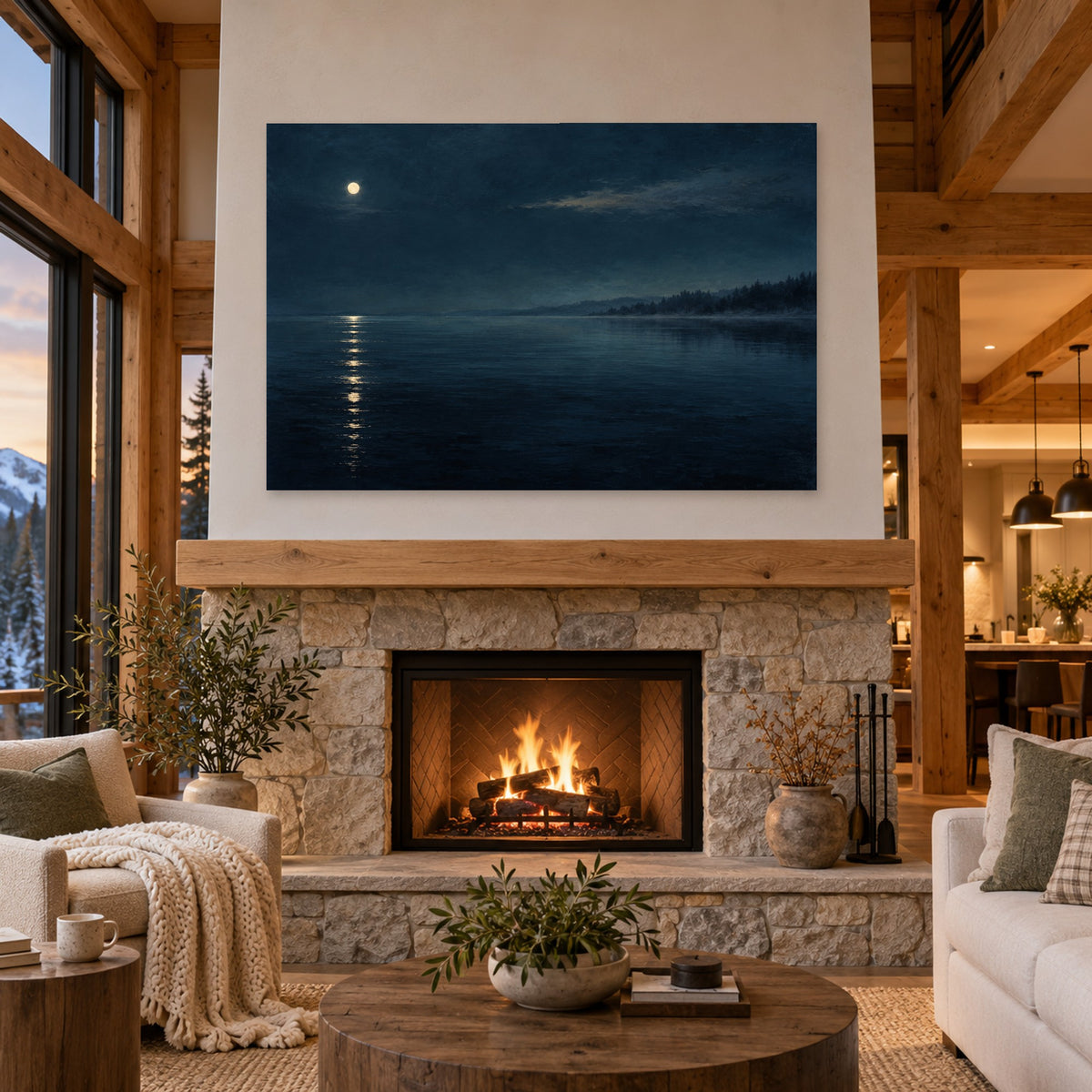 Nocturne Lake - Moonlit Lake Wall Art, Canvas or Poster - 04-cabin