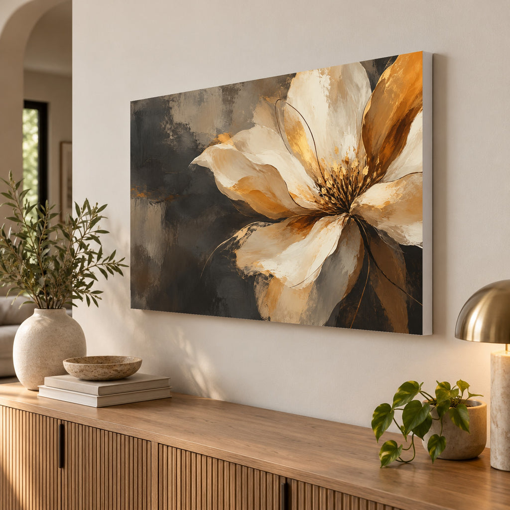 Amber Bloom - Golden Floral Wall Art, Canvas or Poster - 02-angle