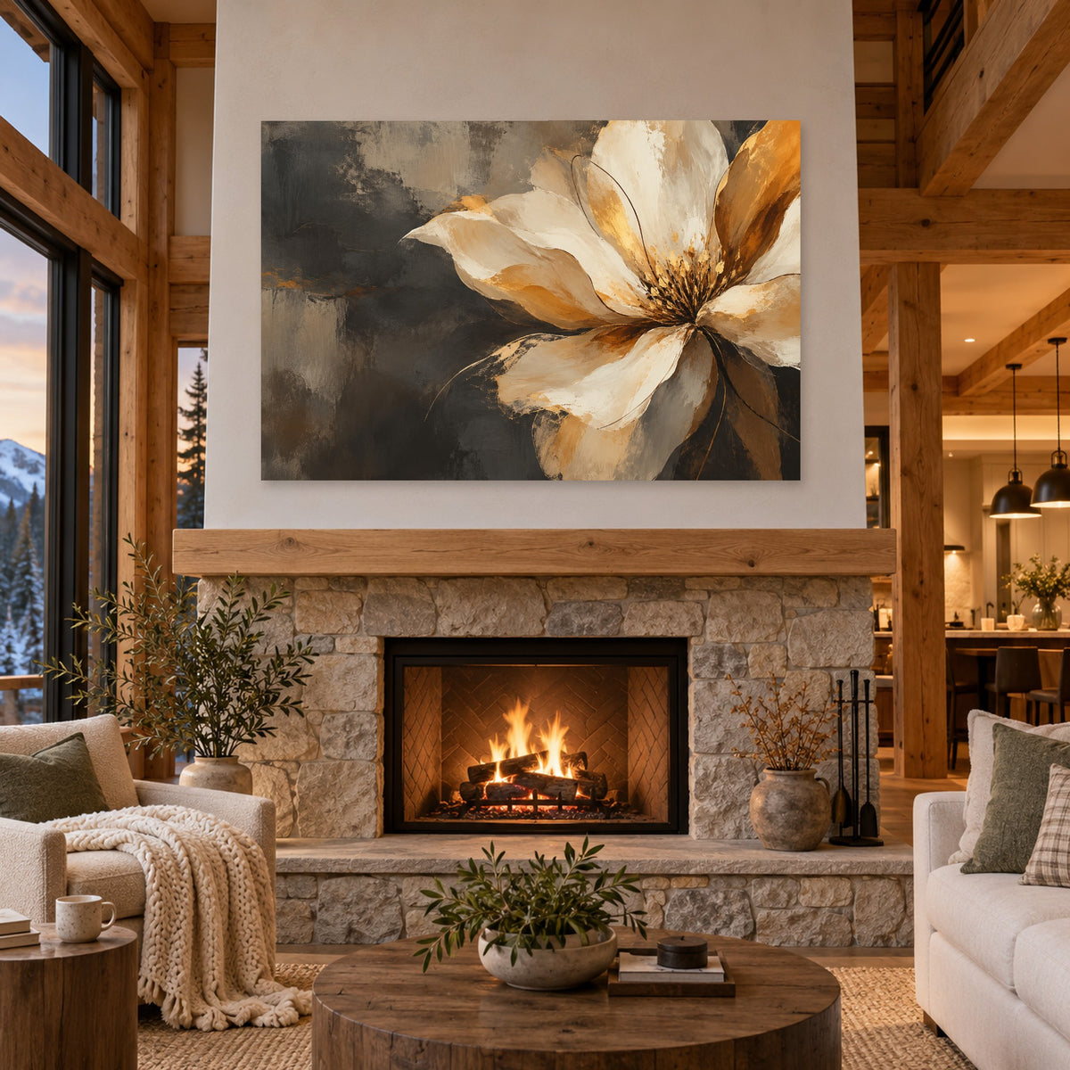 Amber Bloom - Golden Floral Wall Art, Canvas or Poster - 04-cabin