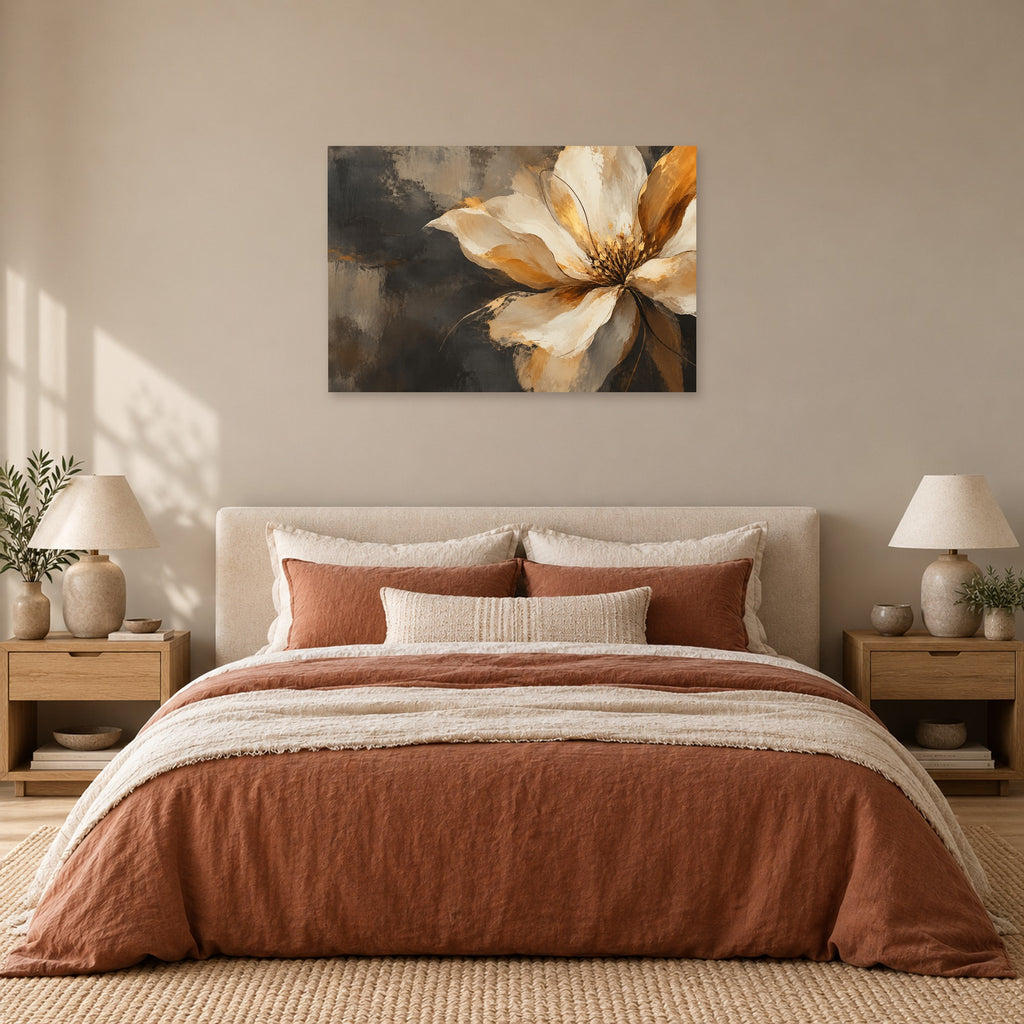 Amber Bloom - Golden Floral Wall Art, Canvas or Poster - 05-bedroom