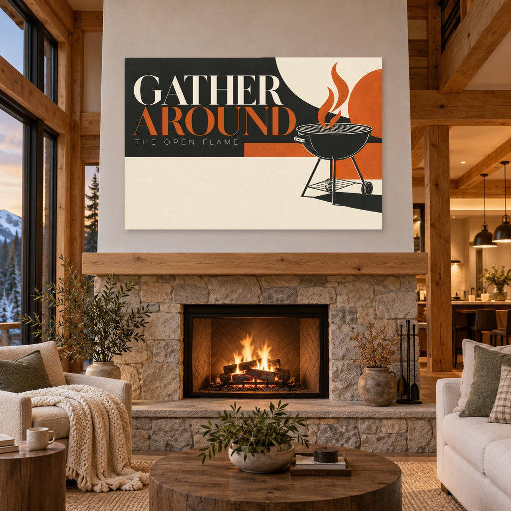 Open Flame Social - Gather Around Grill Wall Art, Canvas or Poster - 04-cabin