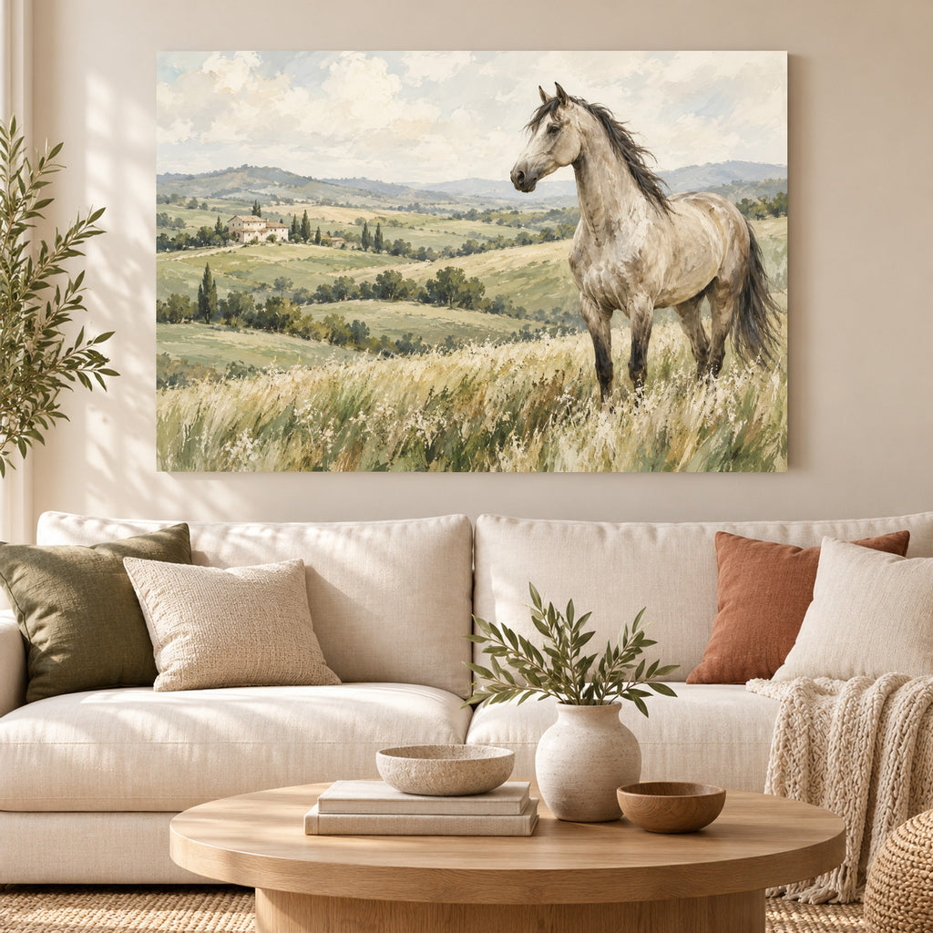 Pasture & Light - White Horse Meadow Wall Art, Canvas or Poster - 01-hero