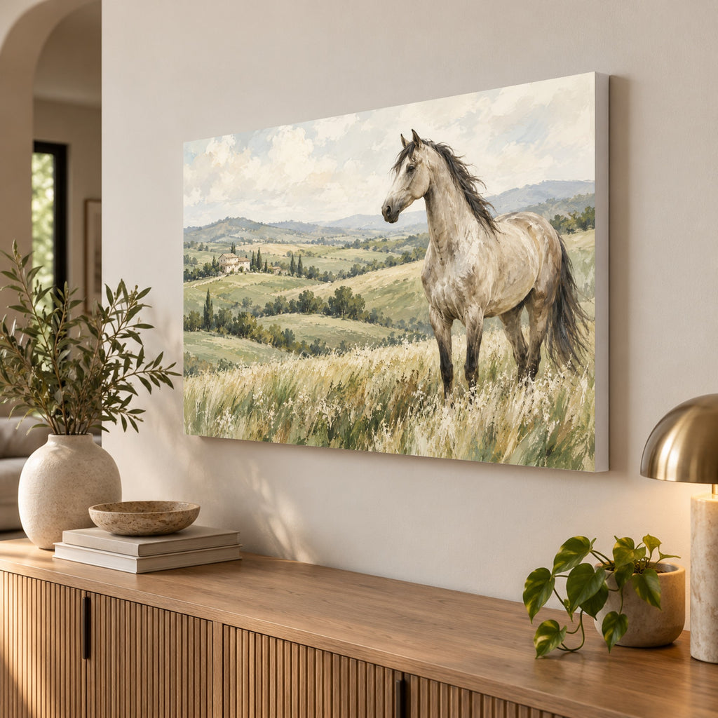 Pasture & Light - White Horse Meadow Wall Art, Canvas or Poster - 02-angle