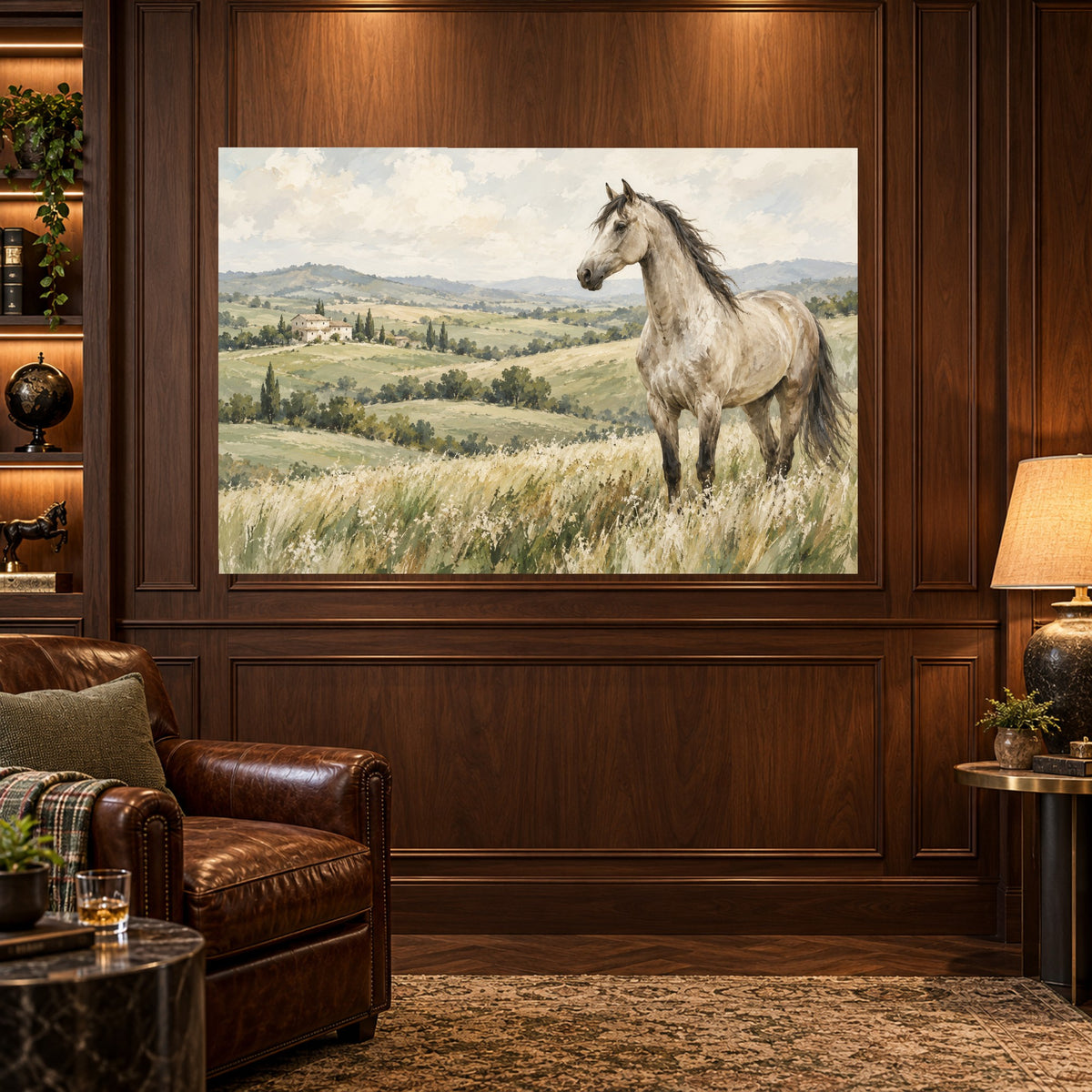 Pasture & Light - White Horse Meadow Wall Art, Canvas or Poster - 03-man-cave