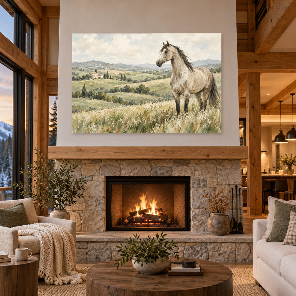 Pasture & Light - White Horse Meadow Wall Art, Canvas or Poster - 04-cabin