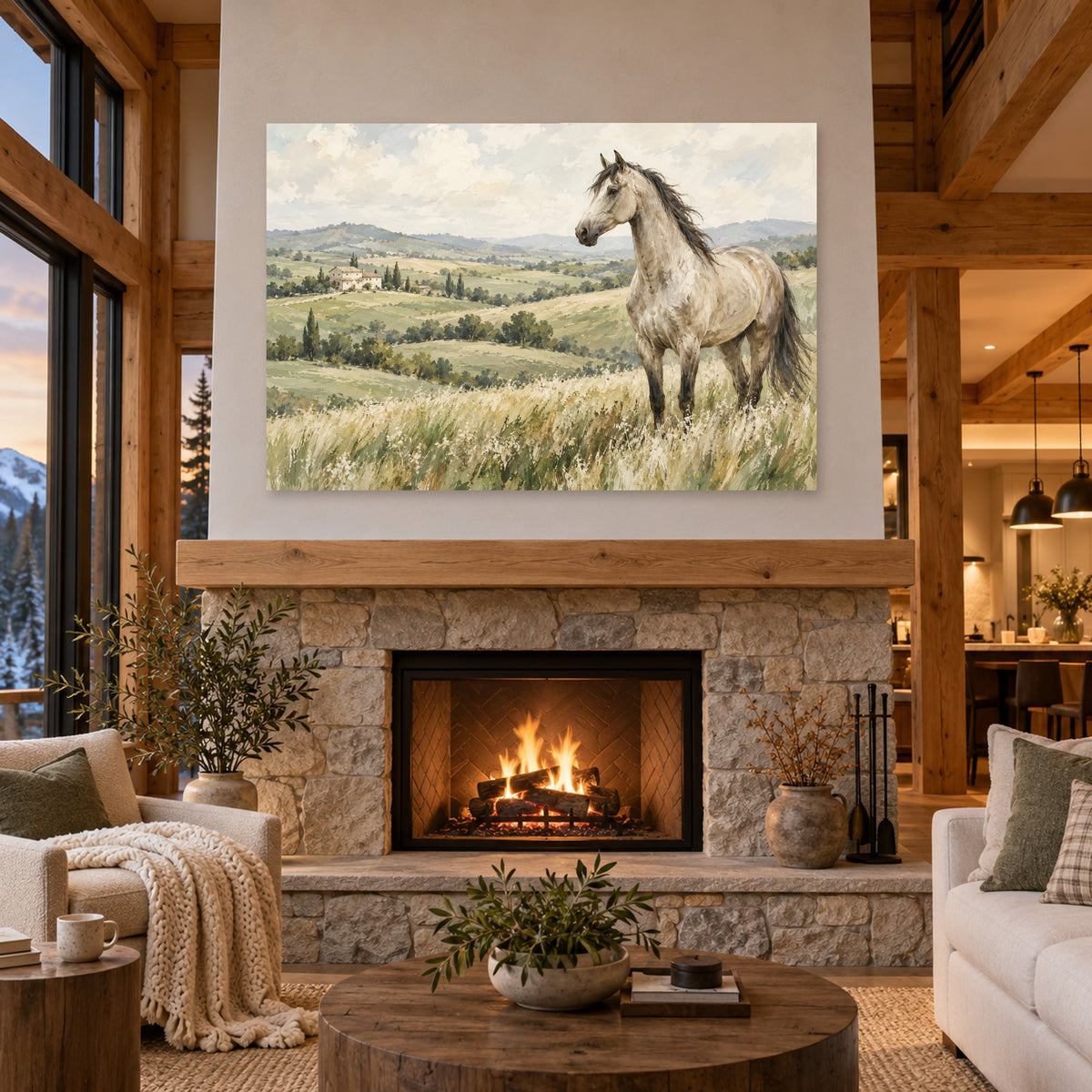 Pasture & Light - White Horse Meadow Wall Art, Canvas or Poster - 04-cabin