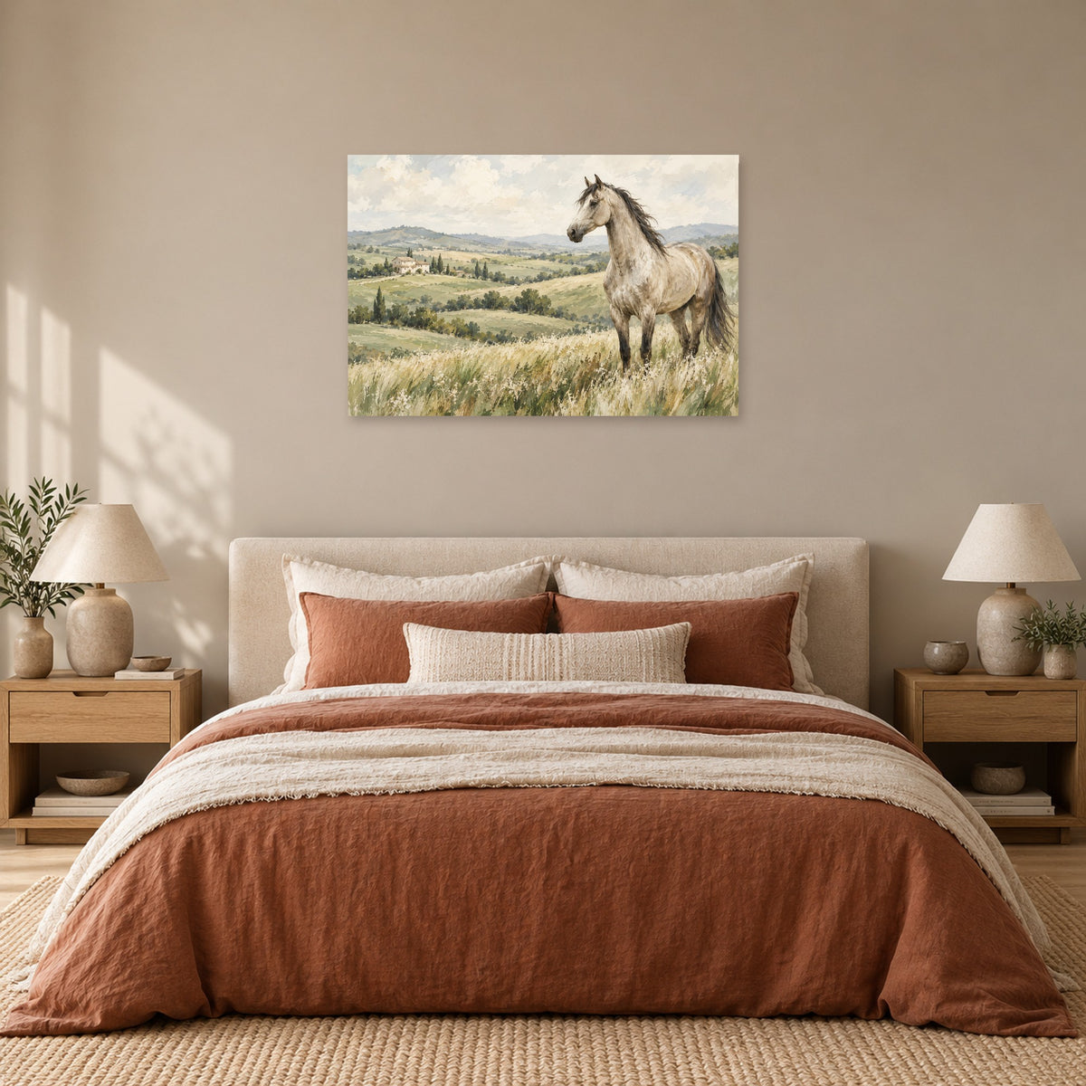 Pasture & Light - White Horse Meadow Wall Art, Canvas or Poster - 05-bedroom