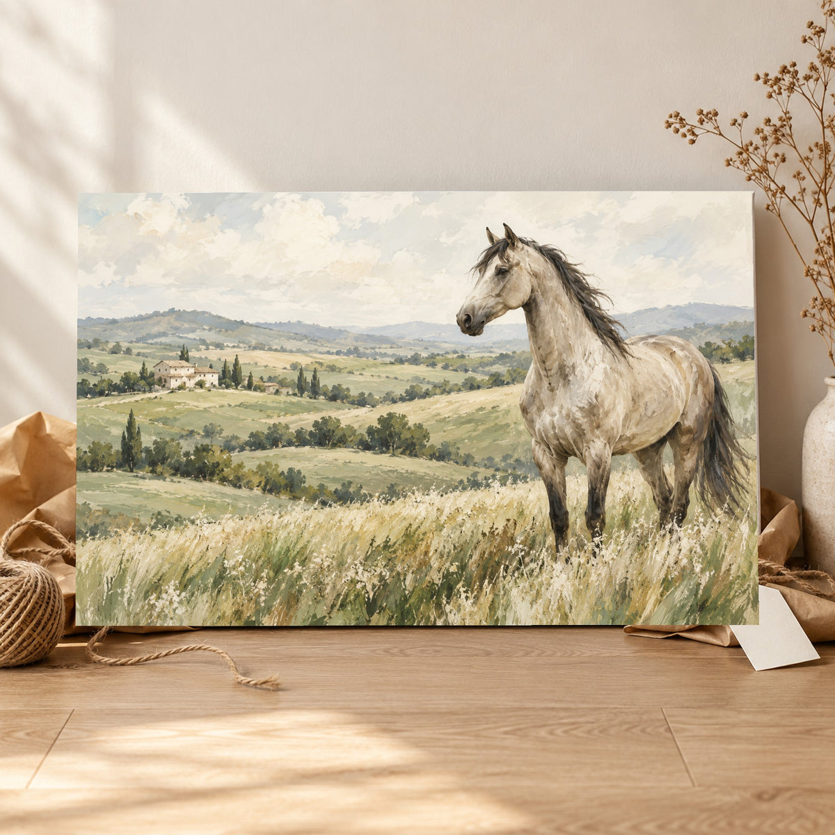 Pasture & Light - White Horse Meadow Wall Art, Canvas or Poster - 06-gift