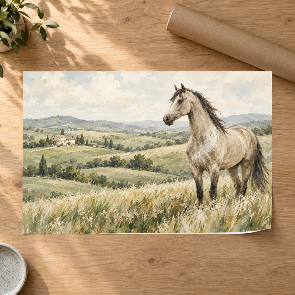 Pasture & Light - White Horse Meadow Wall Art, Canvas or Poster - 07-poster
