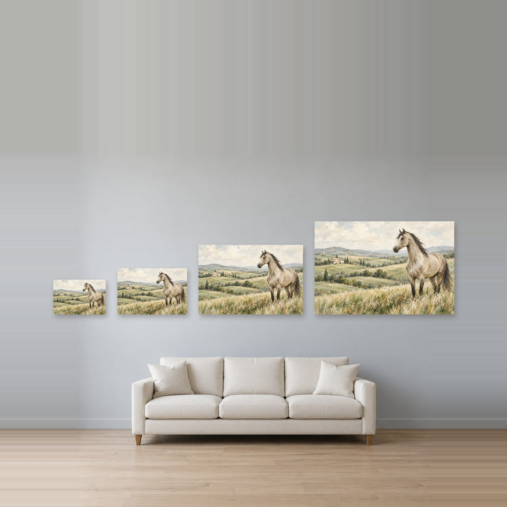 Pasture & Light - White Horse Meadow Wall Art, Canvas or Poster - 08-size-guide